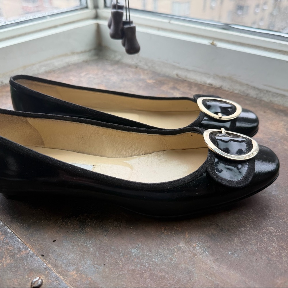 Jimmy Choo Nevada Black Patent Leather Flats with Gold Buckle (Early 00s) - Picture 2 of 5